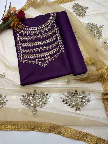 Kataan Fabric Mirror Work Shirt with Net Dupatta & Trouser – 3 Piece Set