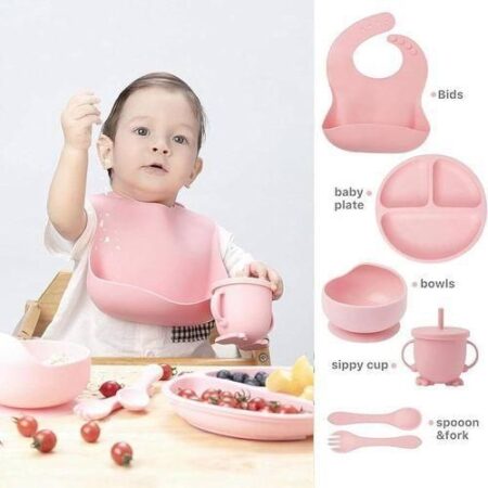 Food Grade Silicone Children’s Tableware Set – Baby Feeding Bowl, Plate, Spoon, Fork & Bib
